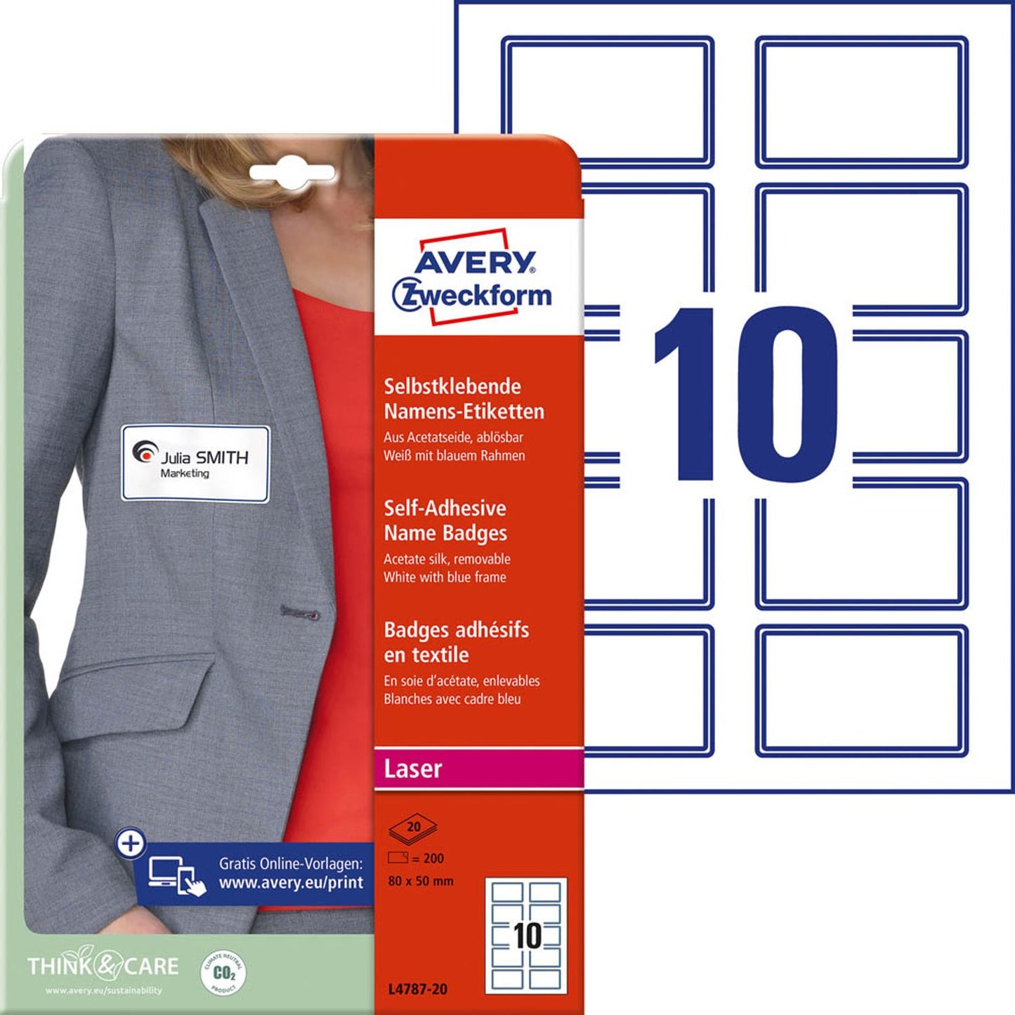 AVERY Zweckform Namensetiketten weiß 80,0 x 50,0 mm | L4787-20 | 1 Pack = 20 Blatt