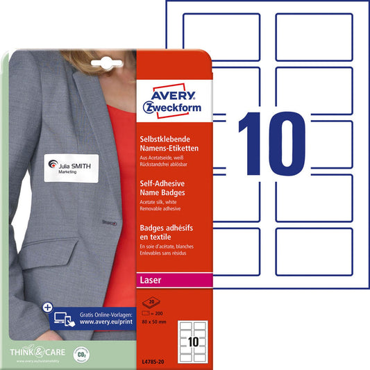 AVERY Zweckform Namensetiketten weiß 80,0 x 50,0 mm | L4785-20 | 1 Pack = 20 Blatt