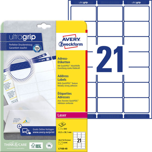 AVERY Zweckform Adressetiketten weiß 63,5 x 38,1 mm | L7160-40 | 1 Pack = 40 Blatt