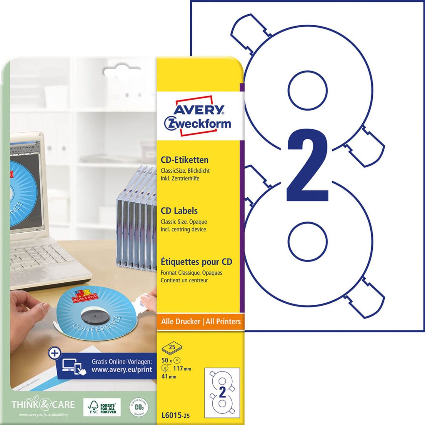 AVERY Zweckform CD-Etiketten weiß | L6015-25 | 1 Pack = 50 Etiketten