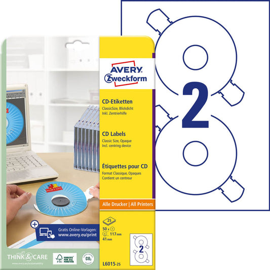 AVERY Zweckform CD-Etiketten weiß | L6015-25 | 1 Pack = 50 Etiketten