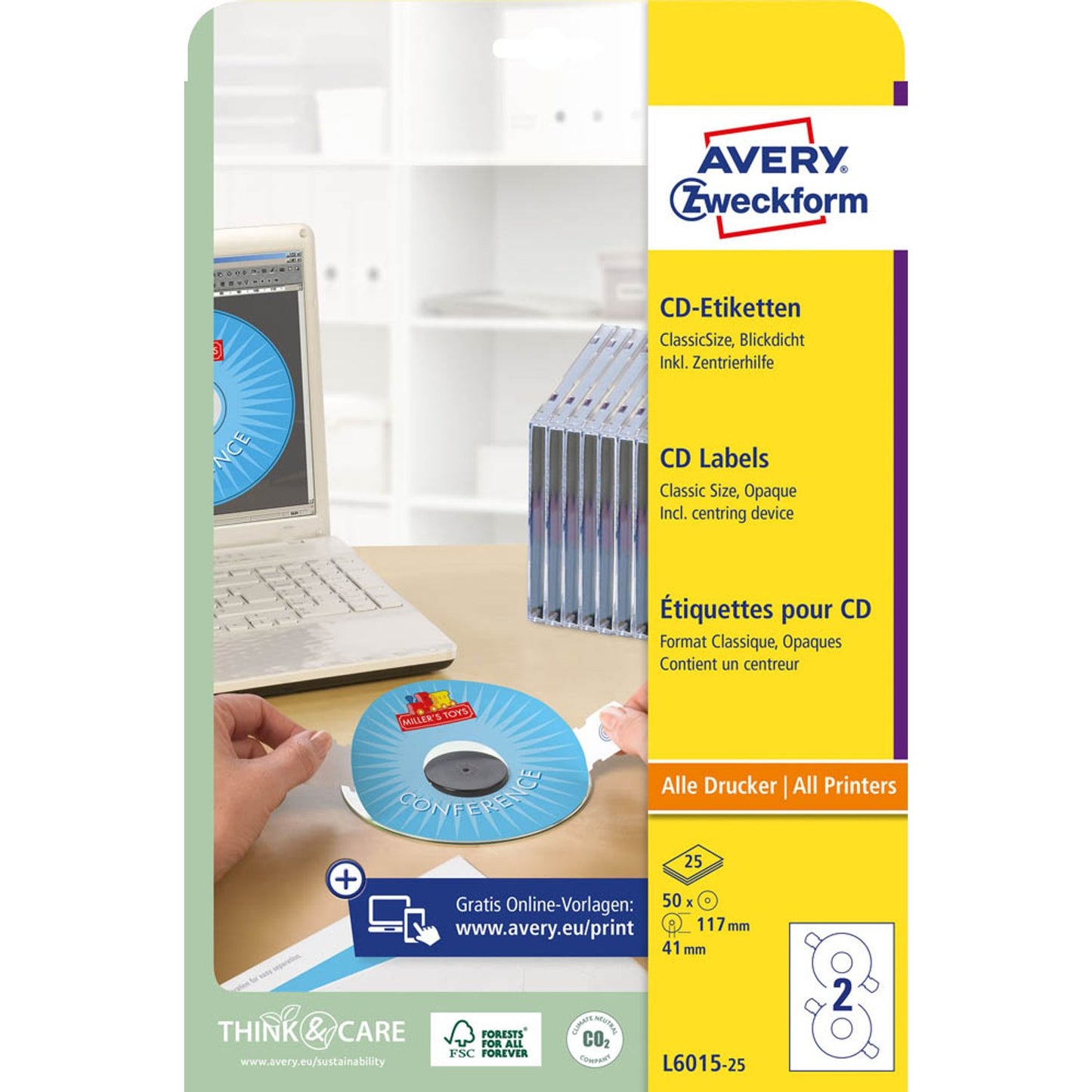 AVERY Zweckform CD-Etiketten weiß | L6015-25 | 1 Pack = 50 Etiketten