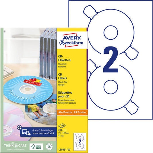 AVERY Zweckform CD-Etiketten weiß | L6043-100 | 1 Pack = 200 Etiketten