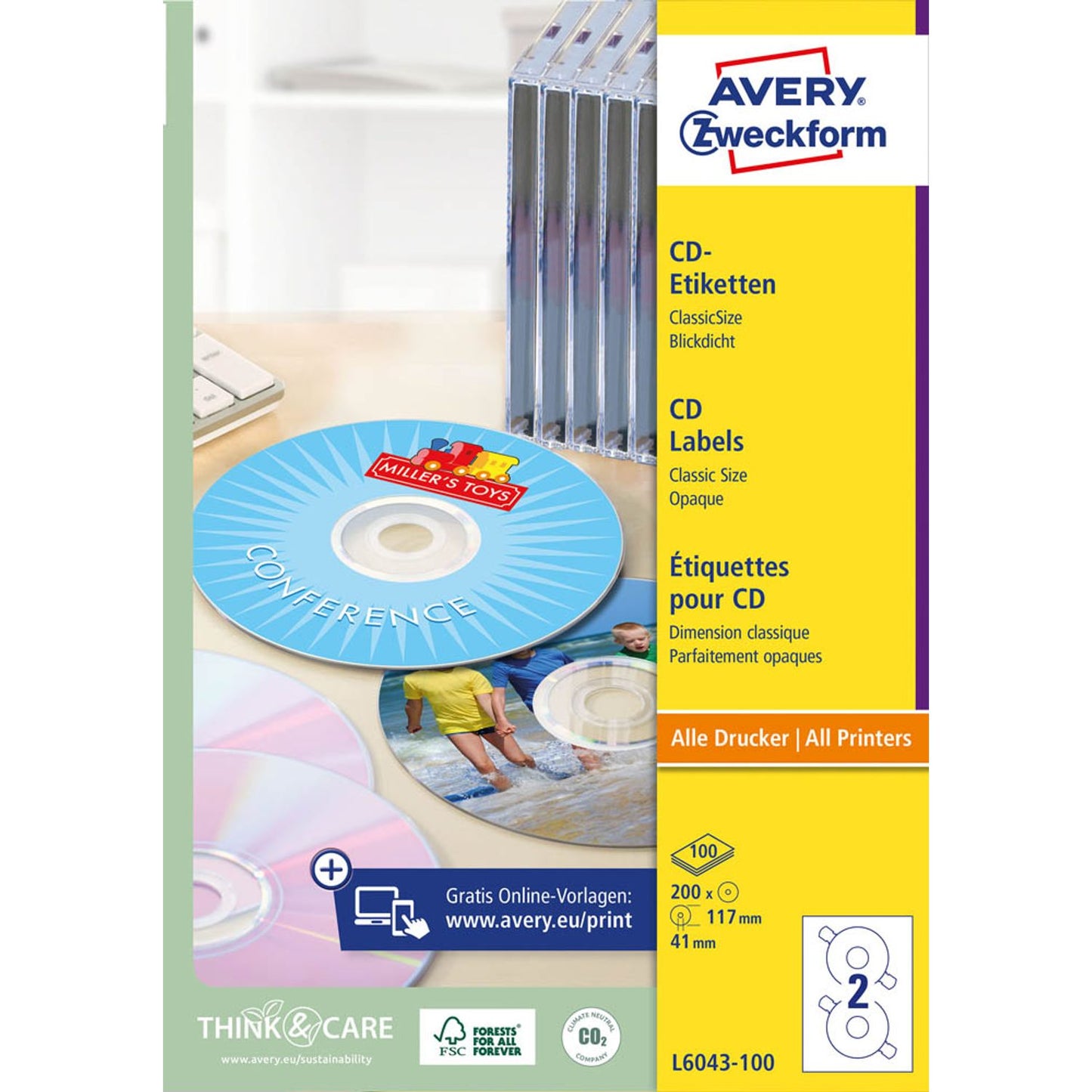 AVERY Zweckform CD-Etiketten weiß | L6043-100 | 1 Pack = 200 Etiketten