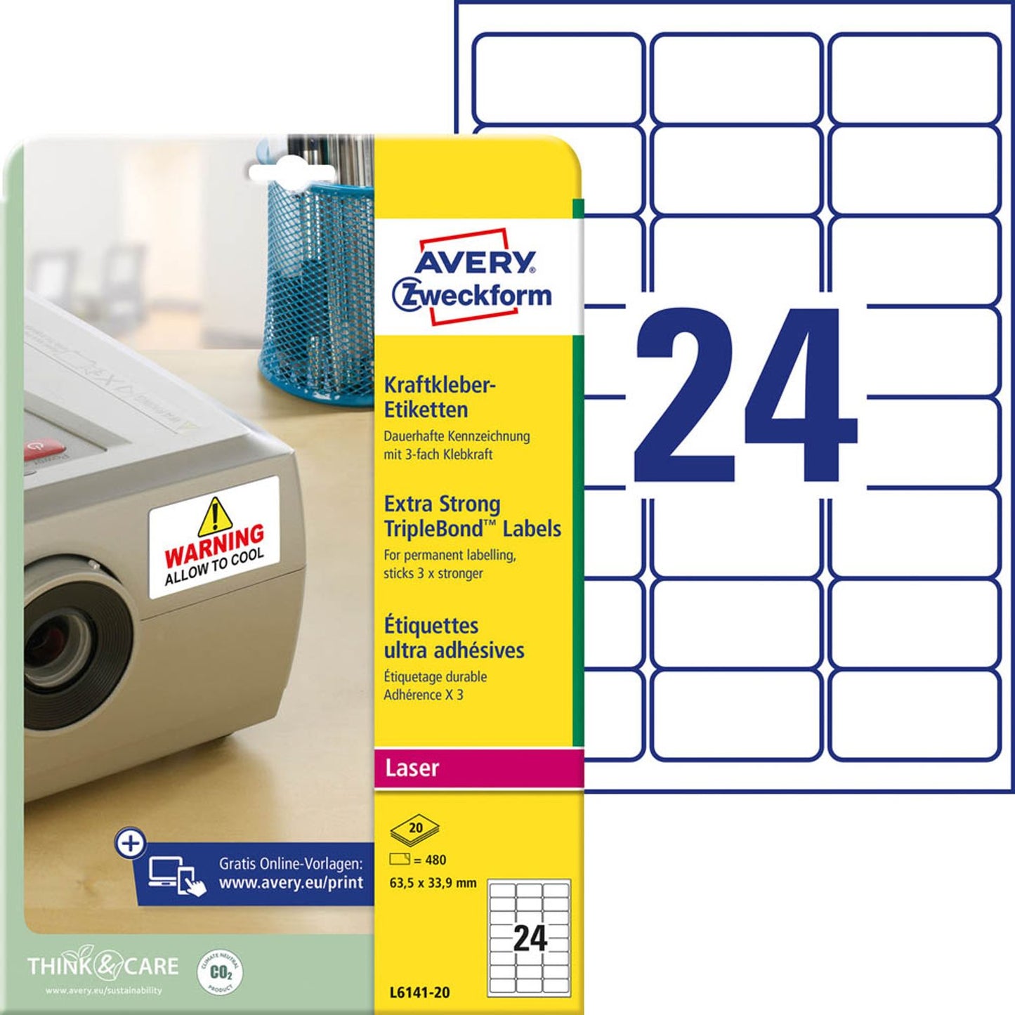 AVERY Zweckform Folien-Kraftklebe-Etiketten weiß 63,5 x 33,9 mm | L6141-20 | 1 Pack = 20 Blatt