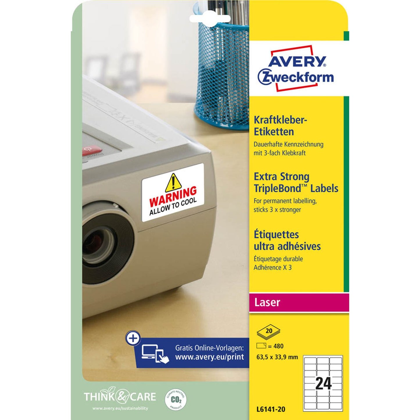 AVERY Zweckform Folien-Kraftklebe-Etiketten weiß 63,5 x 33,9 mm | L6141-20 | 1 Pack = 20 Blatt