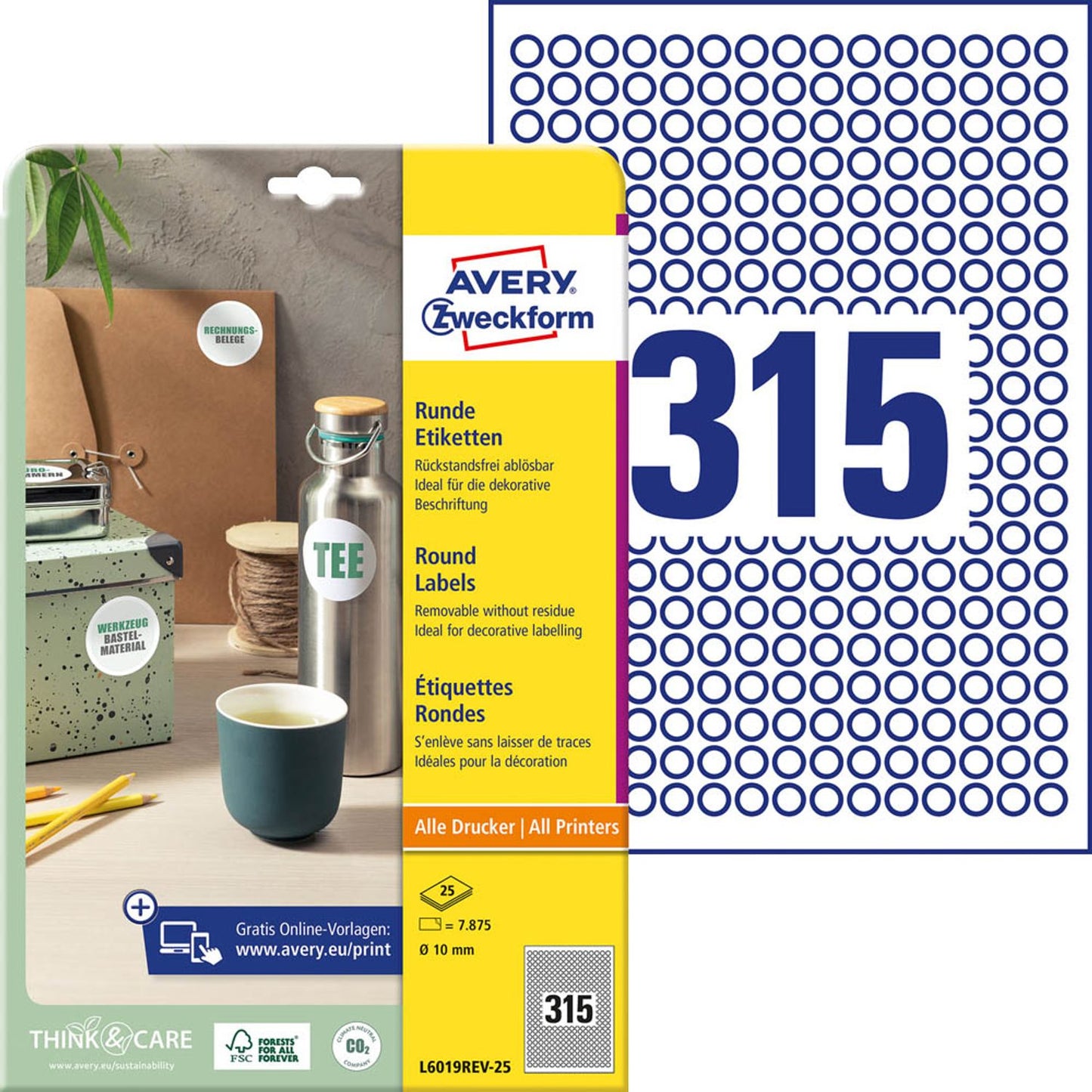 AVERY Zweckform Etiketten weiß 10,0 x 10,0 mm | L6019REV-25 | 1 Pack = 25 Blatt