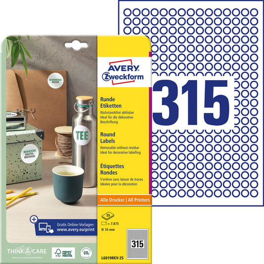 AVERY Zweckform Etiketten weiß 10,0 x 10,0 mm | L6019REV-25 | 1 Pack = 25 Blatt