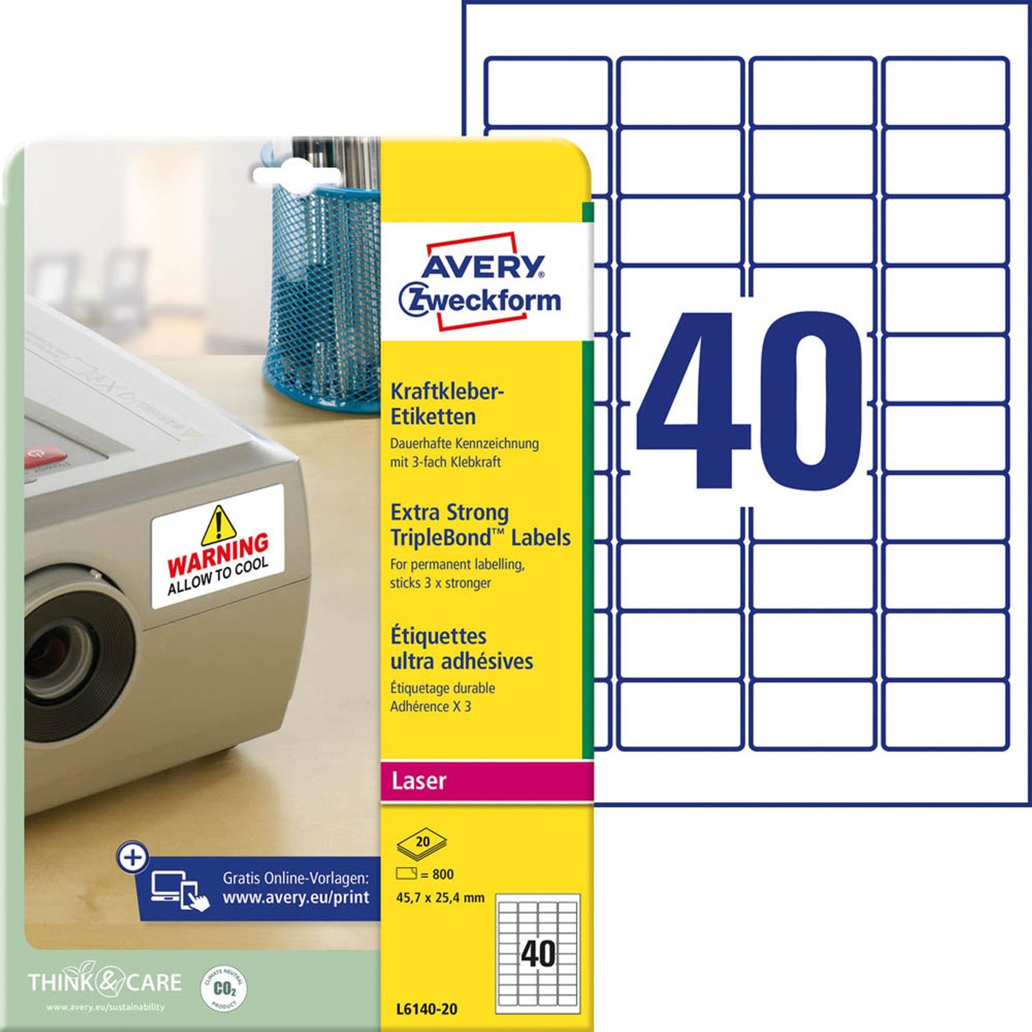 AVERY Zweckform Folien-Kraftklebe-Etiketten weiß 45,7 x 25,4 mm | L6140-20 | 1 Pack = 20 Blatt