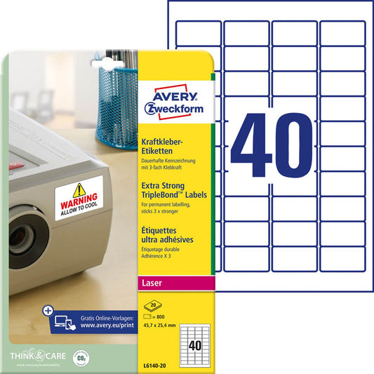 AVERY Zweckform Folien-Kraftklebe-Etiketten weiß 45,7 x 25,4 mm | L6140-20 | 1 Pack = 20 Blatt