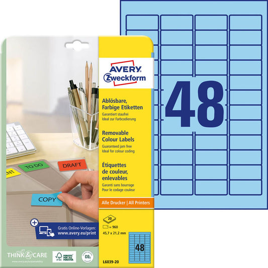 AVERY Zweckform Etiketten blau 45,7 x 21,2 mm | L6039-20 | 1 Pack = 20 Blatt