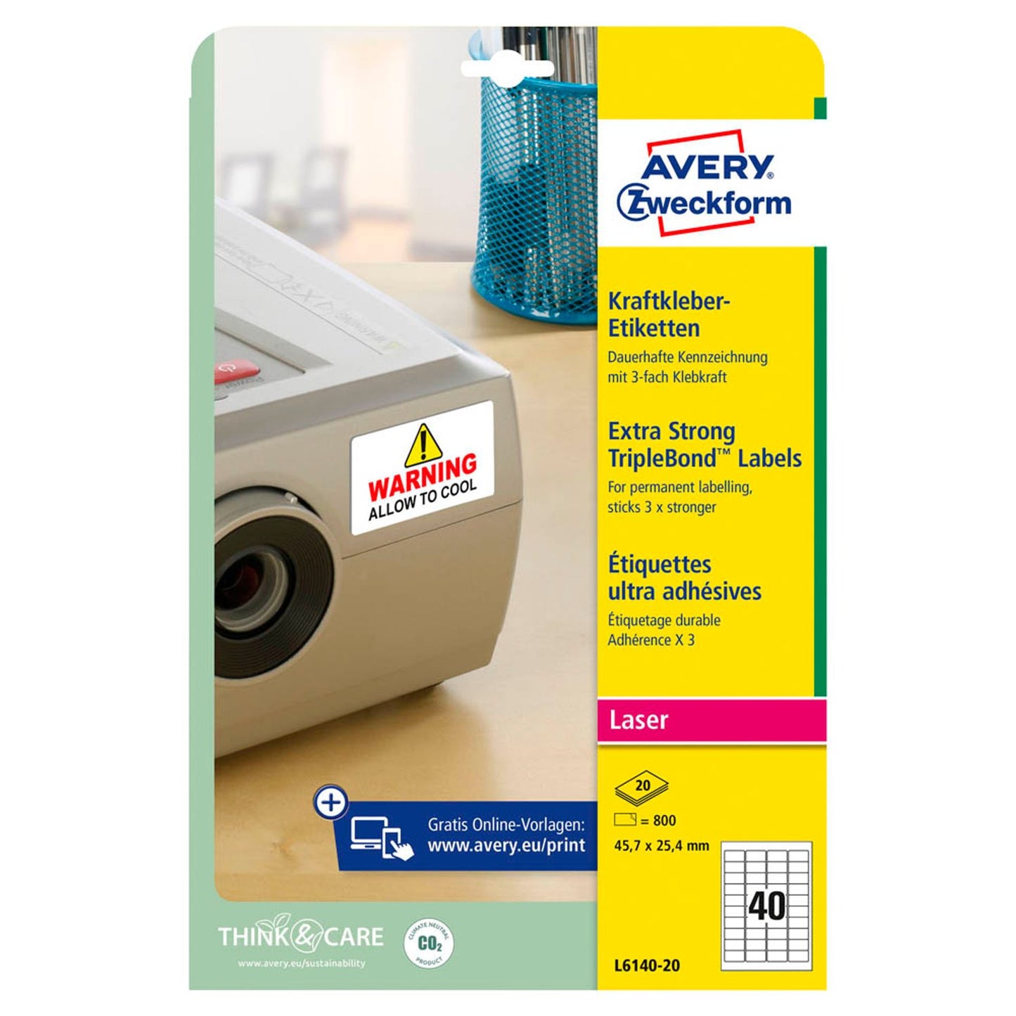 AVERY Zweckform Folien-Kraftklebe-Etiketten weiß 45,7 x 25,4 mm | L6140-20 | 1 Pack = 20 Blatt