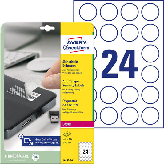 AVERY Zweckform Sicherheitsetiketten weiß 40,0 x 40,0 mm | L6112-20 | 1 Pack = 20 Blatt