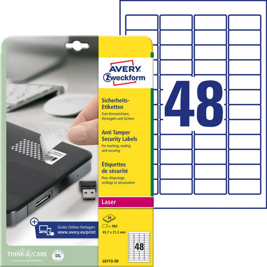 AVERY Zweckform Sicherheitsetiketten weiß 45,7 x 21,2 mm | L6113-20 | 1 Pack = 20 Blatt