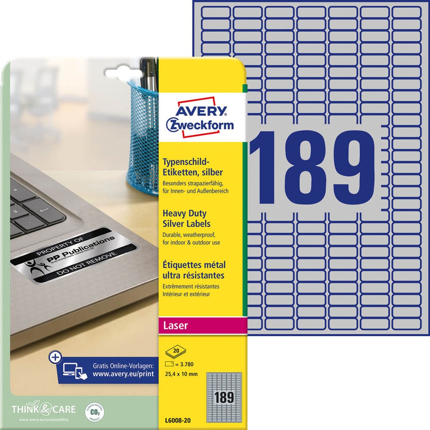 AVERY Zweckform Typenschildetiketten silber 25,4 x 10,0 mm | L6008-20 | 1 Pack = 20 Blatt
