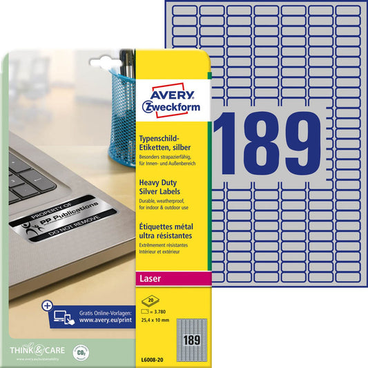 AVERY Zweckform Typenschildetiketten silber 25,4 x 10,0 mm | L6008-20 | 1 Pack = 20 Blatt