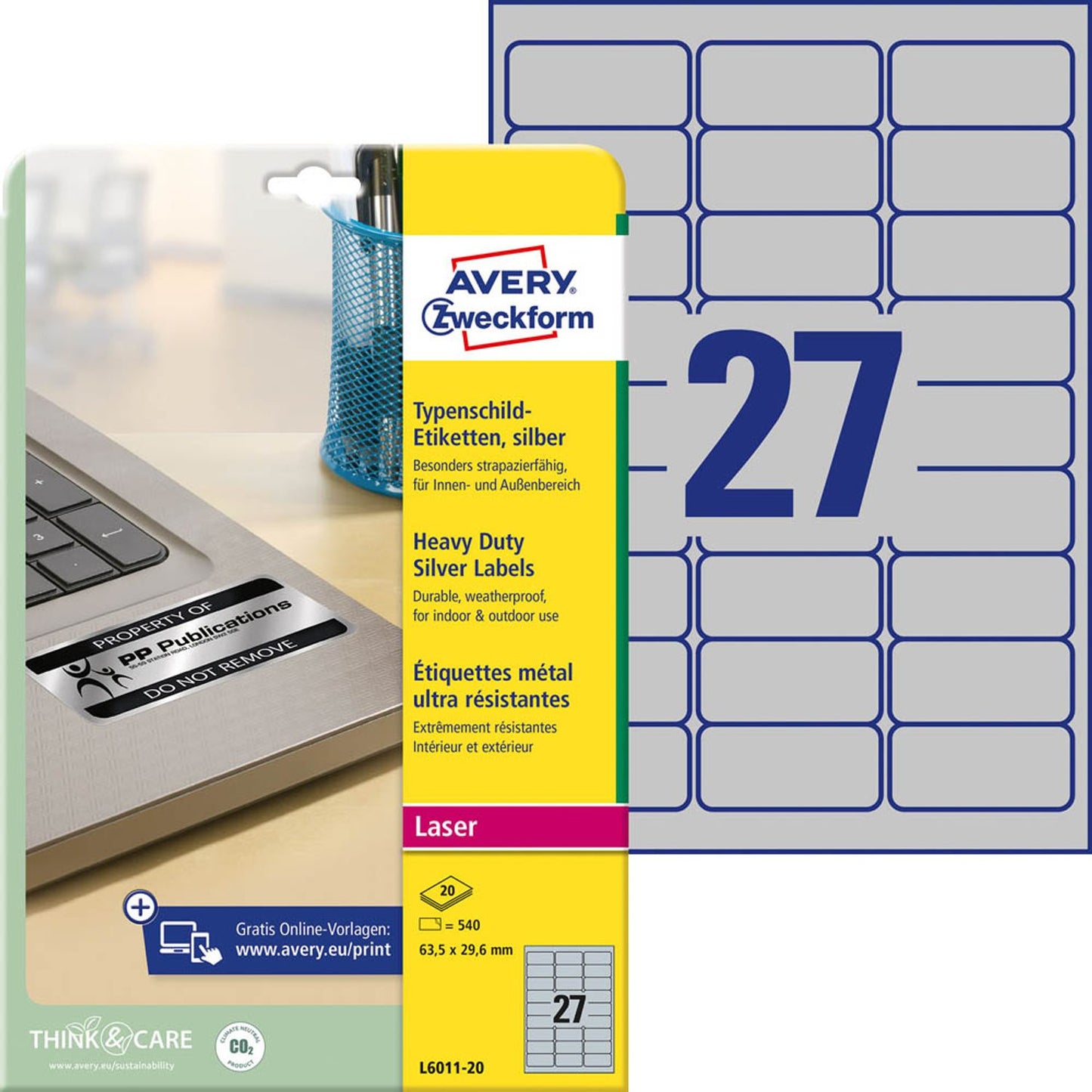 AVERY Zweckform Typenschildetiketten silber 63,5 x 29,6 mm | L6011-20 | 1 Pack = 20 Blatt