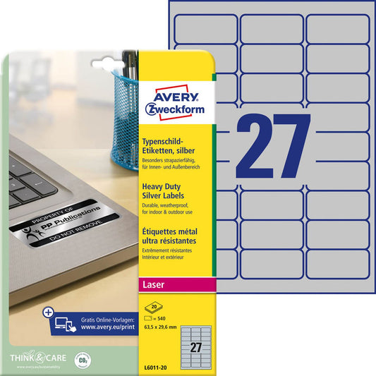 AVERY Zweckform Typenschildetiketten silber 63,5 x 29,6 mm | L6011-20 | 1 Pack = 20 Blatt