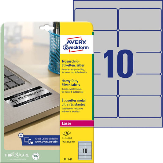 AVERY Zweckform Typenschildetiketten silber 96,0 x 50,8 mm | L6012-20 | 1 Pack = 20 Blatt