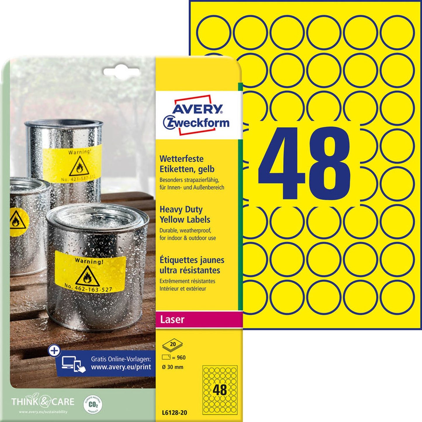 AVERY Zweckform wetterfeste Folienetiketten gelb 30,0 x 30,0 mm | L6128-20 | 1 Pack = 20 Blatt