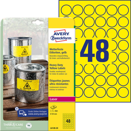 AVERY Zweckform wetterfeste Folienetiketten gelb 30,0 x 30,0 mm | L6128-20 | 1 Pack = 20 Blatt