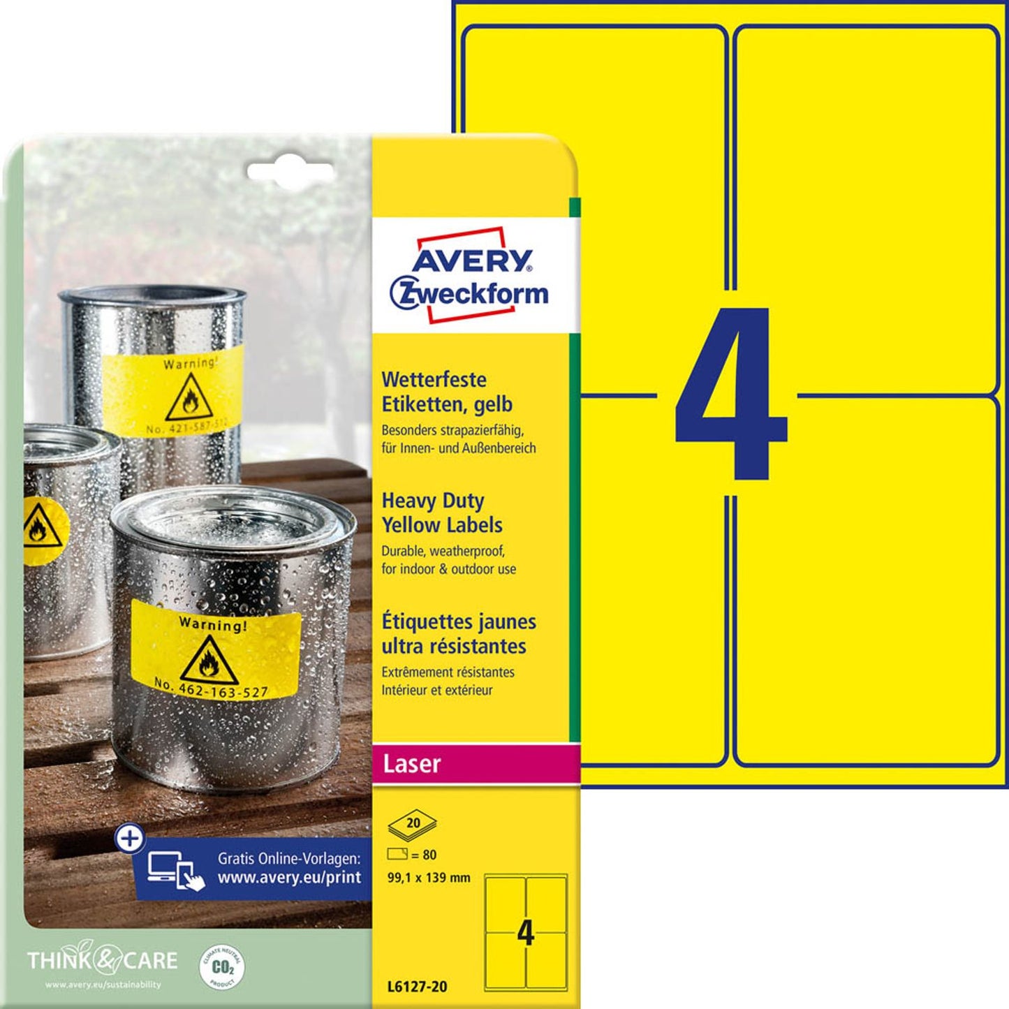 AVERY Zweckform wetterfeste Folienetiketten gelb 99,1 x 139,0 mm | L6127-20 | 1 Pack = 20 Blatt