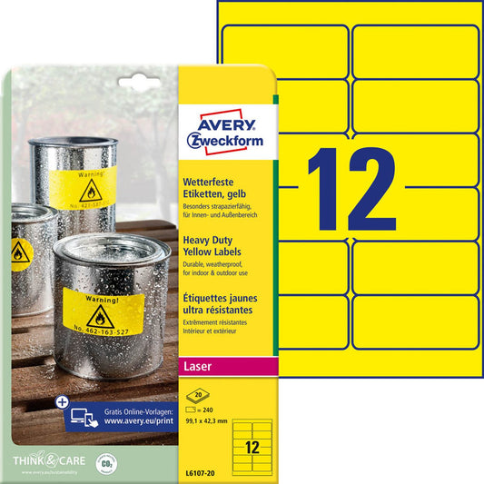 AVERY Zweckform wetterfeste Folienetiketten gelb 99,1 x 42,3 mm | L6107-20 | 1 Pack = 20 Blatt