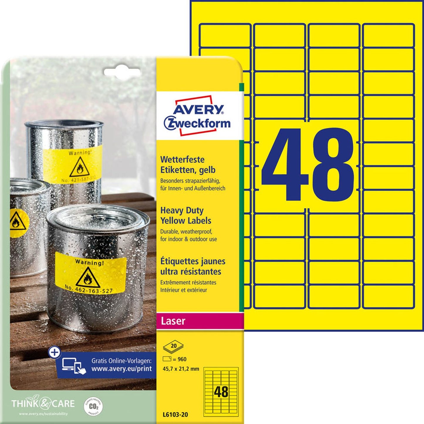 AVERY Zweckform wetterfeste Folienetiketten gelb 45,7 x 21,2 mm | L6103-20 | 1 Pack = 20 Blatt