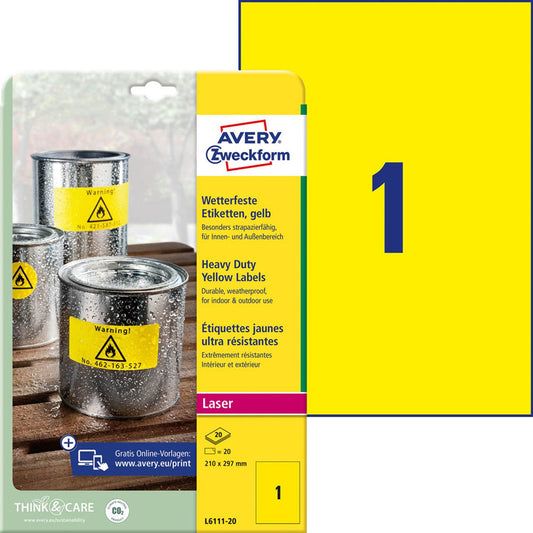 AVERY Zweckform wetterfeste Folienetiketten gelb 210,0 x 297,0 mm | L6111-20 | 1 Pack = 20 Blatt