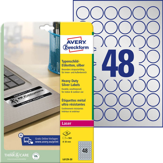 AVERY Zweckform Typenschildetiketten silber 30,0 x 30,0 mm | L6129-20 | 1 Pack = 20 Blatt