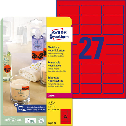 AVERY Zweckform Etiketten rot 63,5 x 29,6 mm | L6003-25 | 1 Pack = 25 Blatt