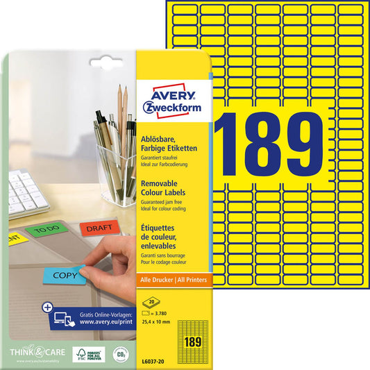 AVERY Zweckform Etiketten gelb 25,4 x 10,0 mm | L6037-20 | 1 Pack = 20 Blatt