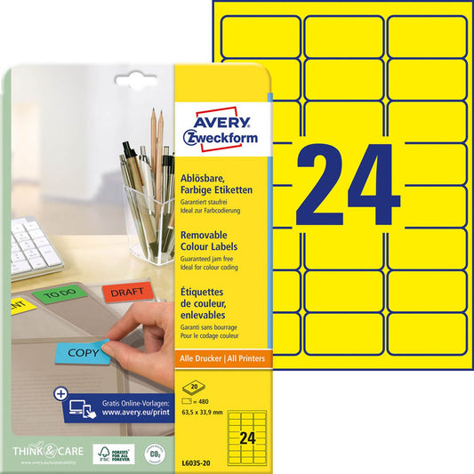 AVERY Zweckform Etiketten gelb 63,5 x 33,9 mm | L6035-20 | 1 Pack = 20 Blatt
