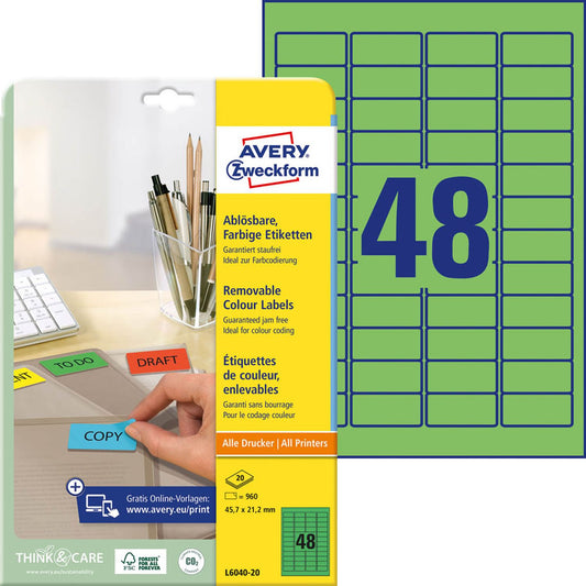 AVERY Zweckform Etiketten grün 45,7 x 21,2 mm | L6040-20 | 1 Pack = 20 Blatt