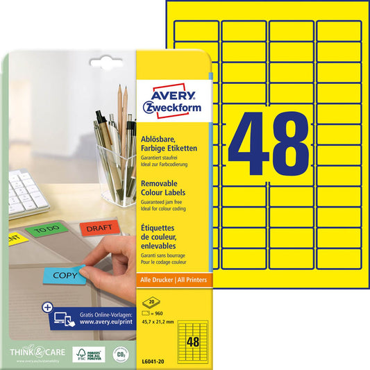 AVERY Zweckform Etiketten gelb 45,7 x 21,2 mm | L6041-20 | 1 Pack = 20 Blatt