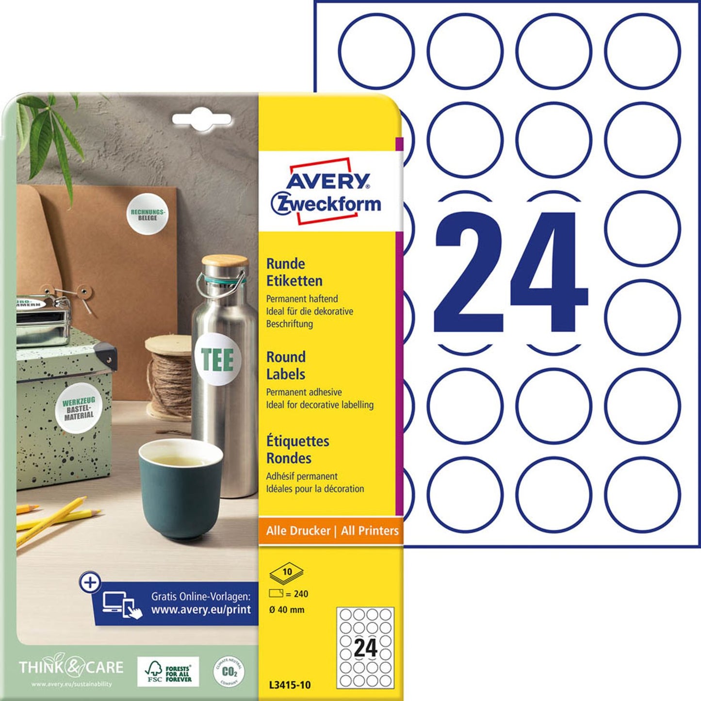 AVERY Zweckform Etiketten weiß 40,0 x 40,0 mm | L3415-10 | 1 Pack = 10 Blatt