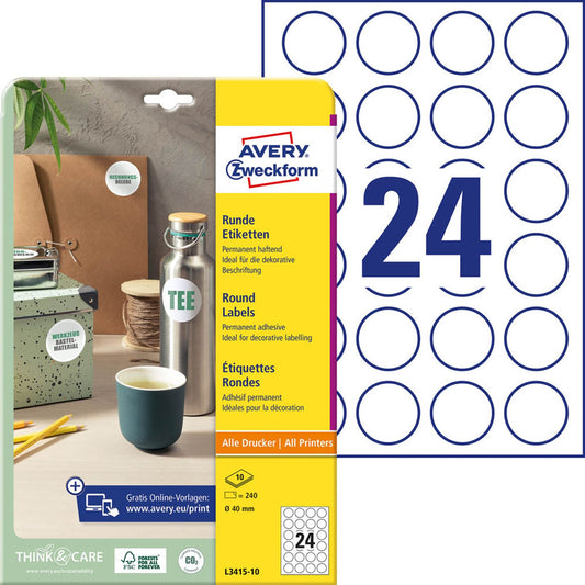 AVERY Zweckform Etiketten weiß 40,0 x 40,0 mm | L3415-10 | 1 Pack = 10 Blatt