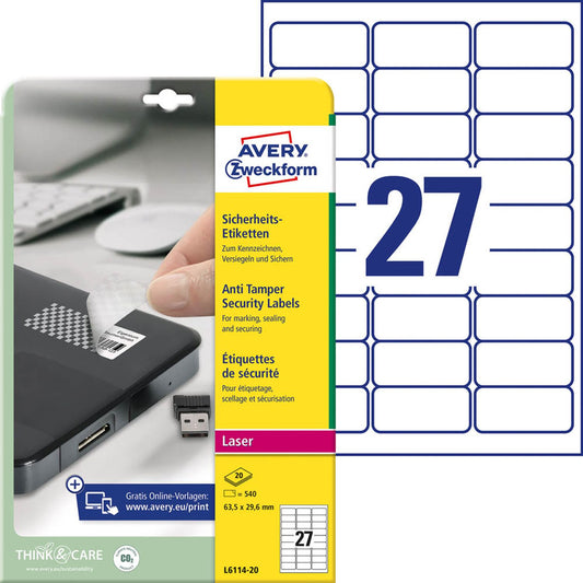 AVERY Zweckform Sicherheitsetiketten weiß 63,5 x 29,6 mm | L6114-20 | 1 Pack = 20 Blatt