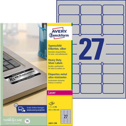 AVERY Zweckform Typenschildetiketten silber 63,5 x 29,6 mm | L6011-100 | 1 Pack = 100 Blatt