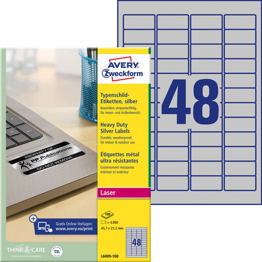 AVERY Zweckform Typenschildetiketten silber 45,7 x 21,2 mm | L6009-100 | 1 Pack = 100 Blatt