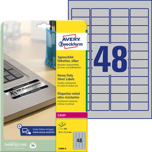 AVERY Zweckform Typenschildetiketten silber 45,7 x 21,2 mm | L6009-8 | 1 Pack = 8 Blatt