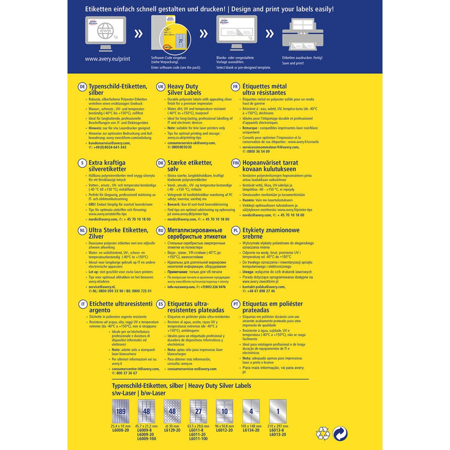 AVERY Zweckform Typenschildetiketten silber 63,5 x 29,6 mm | L6011-8 | 1 Pack = 8 Blatt