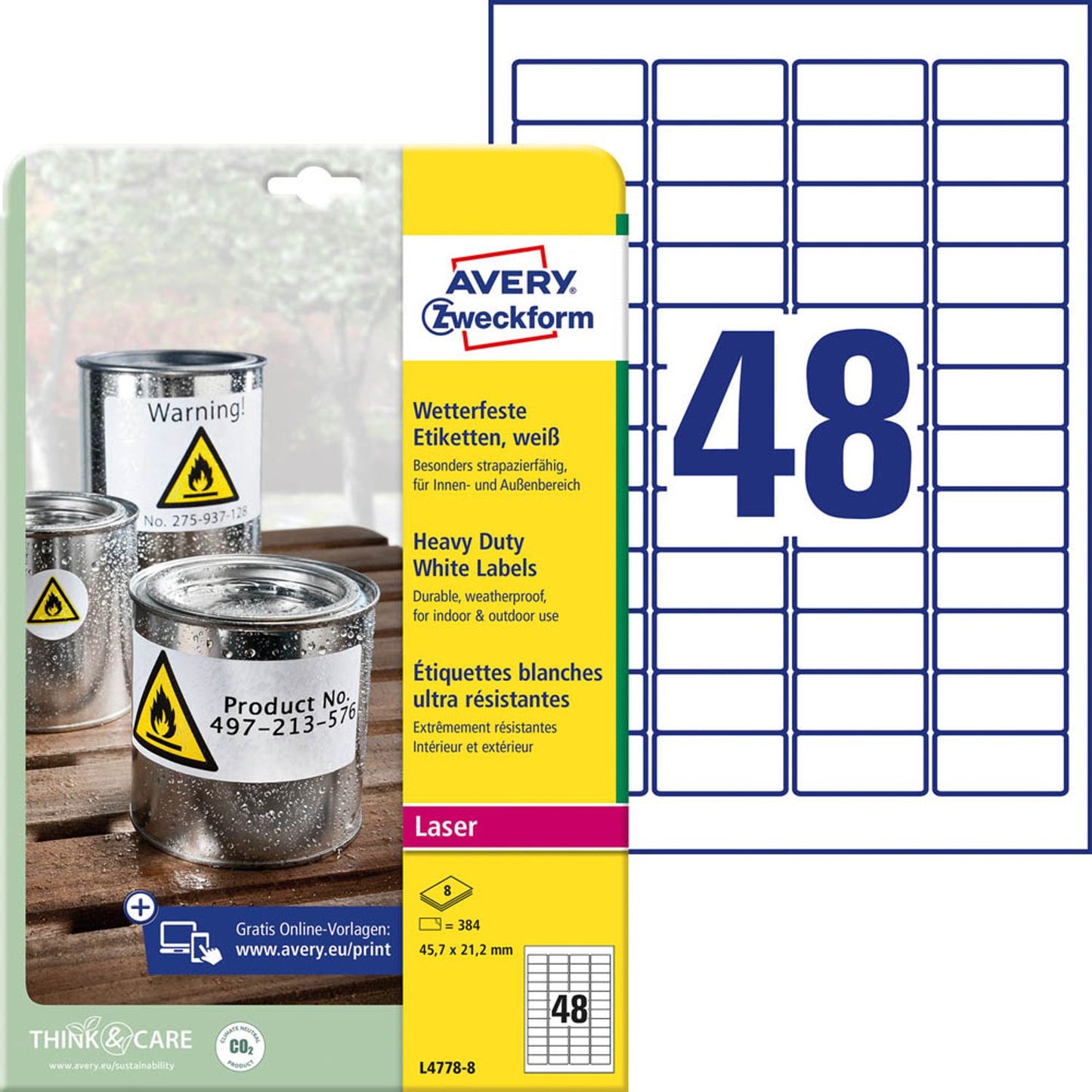 AVERY Zweckform wetterfeste Folienetiketten weiß 45,7 x 21,2 mm | L4778-8 | 1 Pack = 8 Blatt