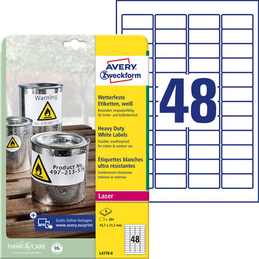 AVERY Zweckform wetterfeste Folienetiketten weiß 45,7 x 21,2 mm | L4778-8 | 1 Pack = 8 Blatt