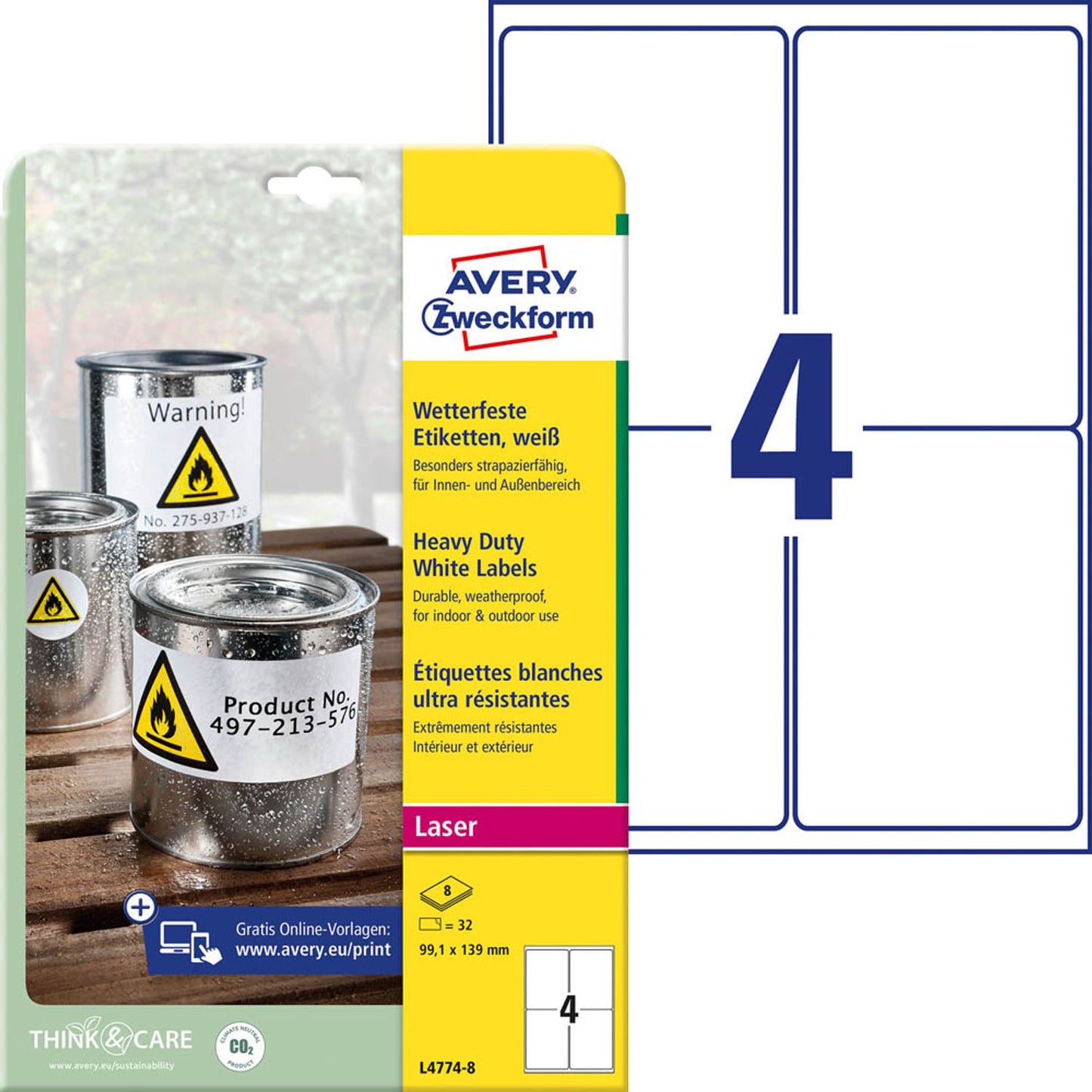 AVERY Zweckform wetterfeste Folienetiketten weiß 99,1 x 139,0 mm | L4774-8 | 1 Pack = 8 Blatt