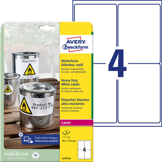 AVERY Zweckform wetterfeste Folienetiketten weiß 99,1 x 139,0 mm | L4774-8 | 1 Pack = 8 Blatt