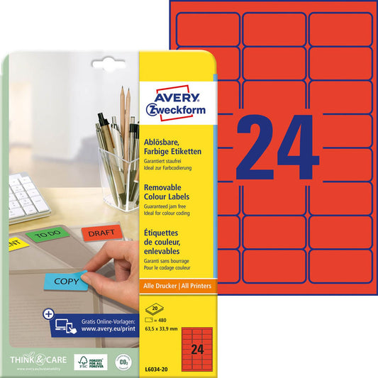 AVERY Zweckform Etiketten rot 63,5 x 33,9 mm | L6034-20 | 1 Pack = 20 Blatt