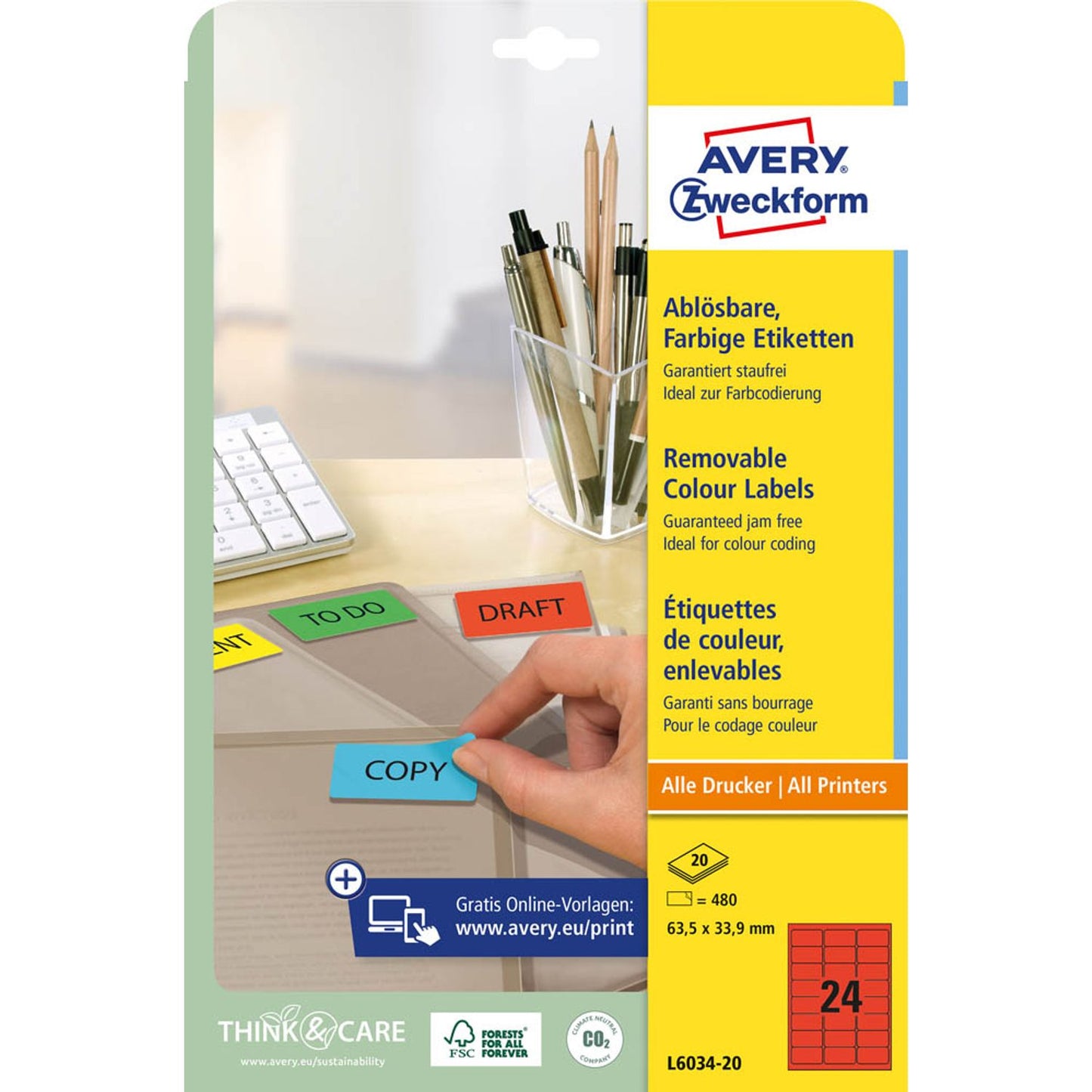 AVERY Zweckform Etiketten rot 63,5 x 33,9 mm | L6034-20 | 1 Pack = 20 Blatt