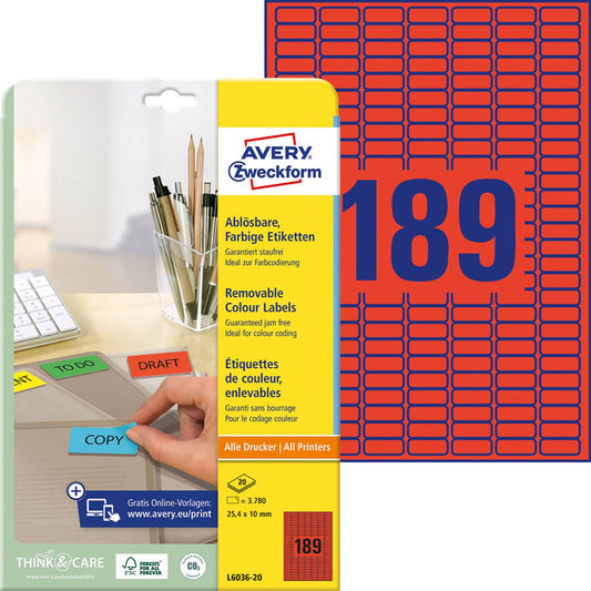 AVERY Zweckform Etiketten rot 25,4 x 10,0 mm | L6036-20 | 1 Pack = 20 Blatt