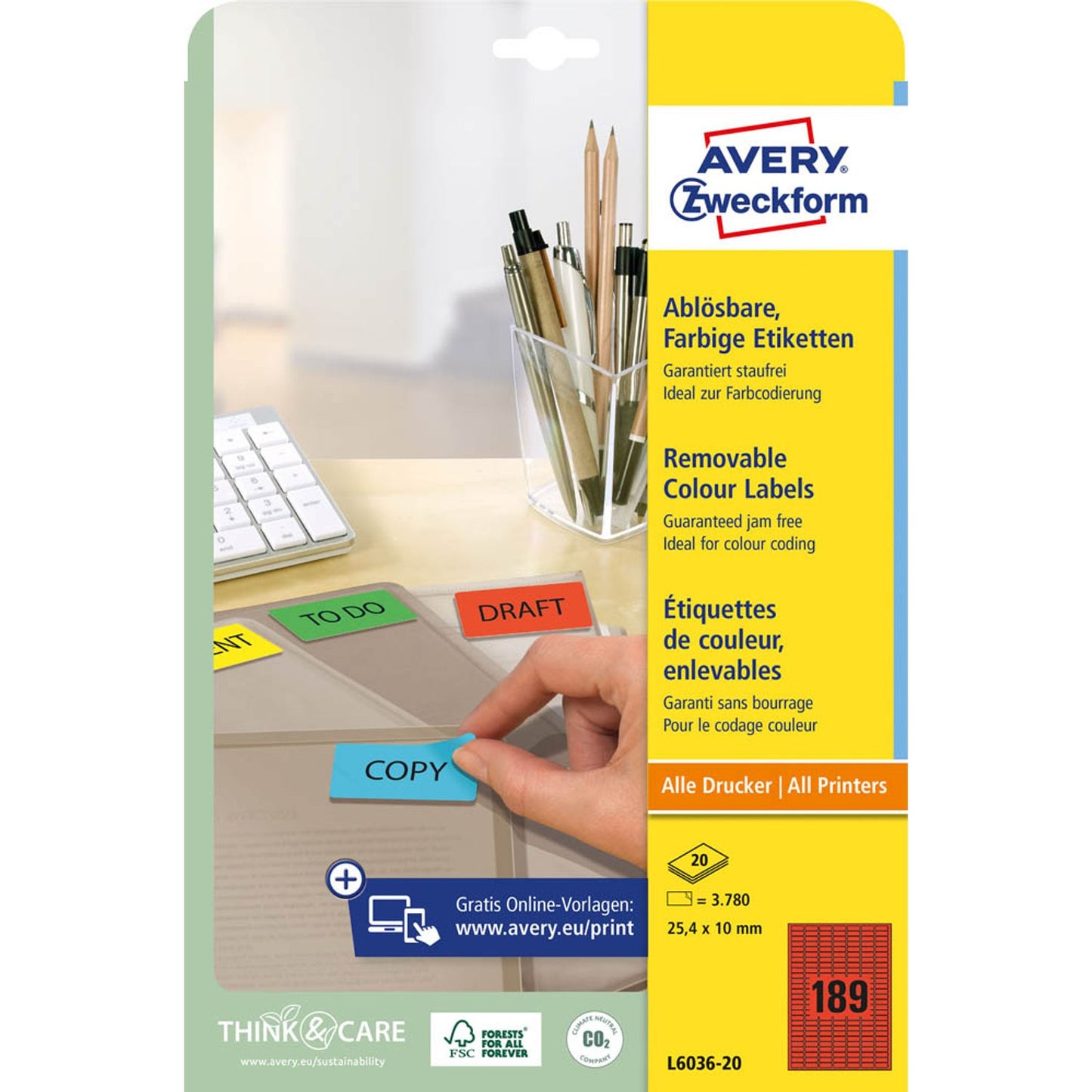 AVERY Zweckform Etiketten rot 25,4 x 10,0 mm | L6036-20 | 1 Pack = 20 Blatt